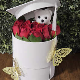 Red roses in a white hatbox with a small teddy bear and graduation cap