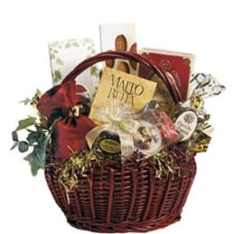 Gift basket with chocolates, cookies, and a red pouch in a wicker basket