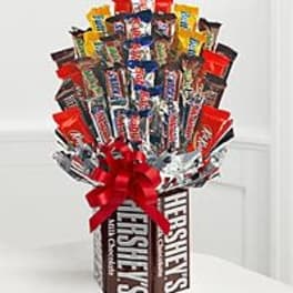 Hershey's candy bouquet in a gift box with a red bow