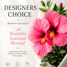 Wrapped bouquet of bright pink hibiscus flowers with green foliage