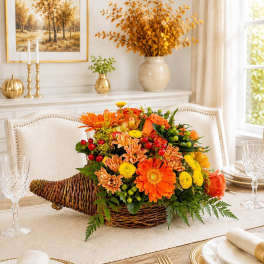 Autumn floral centerpiece in a wicker basket on a dining table