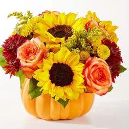 Sunflowers, roses, and mums arranged in a pumpkin-shaped container