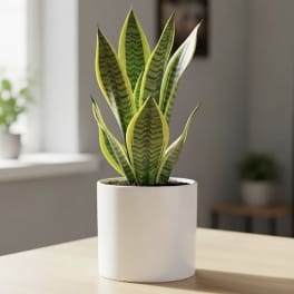 Potted snake plant in a white cylindrical planter