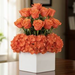 Orange roses arranged in a white square vase with orange hydrangeas