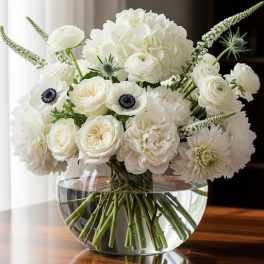 White bouquet in a clear glass bowl vase