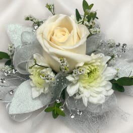 White rose and chrysanthemum bouquet with silver ribbon accents
