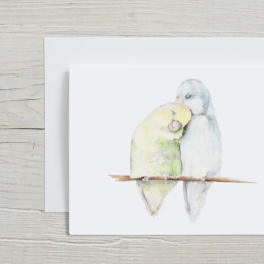 Watercolor card with two pastel birds perched together