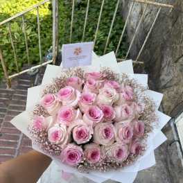 Bouquet of pink roses with baby's breath in white wrap