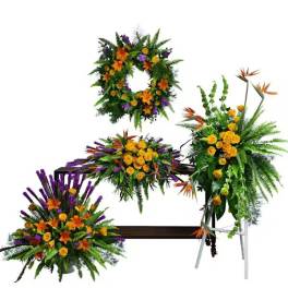 Four tropical floral arrangements with orange and purple flowers