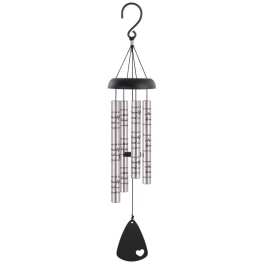 Black metal wind chime with silver tubes and a heart-shaped clapper
