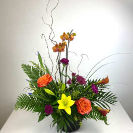 Tropical flower arrangement with orchids, lilies, and orange roses in a black vase