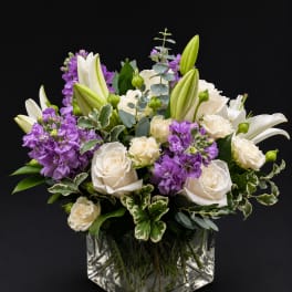 White roses and purple stock arranged in a clear square vase