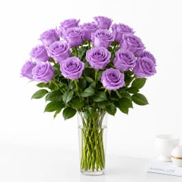 Lavender roses arranged in a clear glass vase