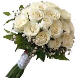 White rose bridal bouquet with greenery and baby's breath
