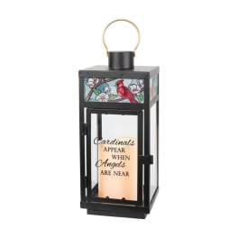 Black lantern with a cardinal design and the words "Cardinals appear when angels are near"