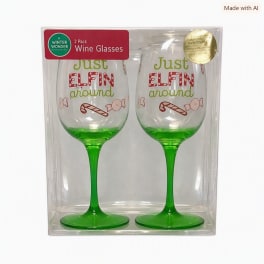 Two green-stemmed wine glasses in a clear gift box with holiday text.
