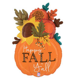 Orange pumpkin-shaped balloon with fall flowers and leaves, reading Happy Fall Y'all