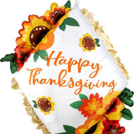 Thanksgiving balloon with sunflower decorations and orange lettering