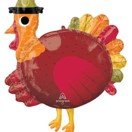 Turkey-shaped foil balloon wearing a pilgrim hat