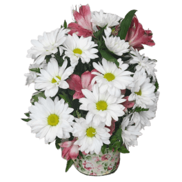 White daisies and pink alstroemeria in a floral tin container