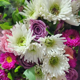 Bouquet of white daisies, purple roses, and pink carnations