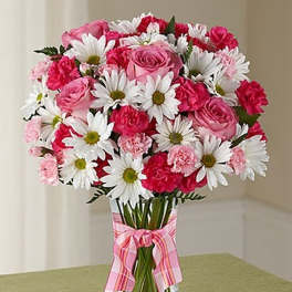 Pink roses, pink carnations, and white daisies in a clear vase with a pink plaid bow.