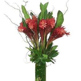Tall arrangement of red tropical flowers with bold foliage in a clear glass cylinder vase