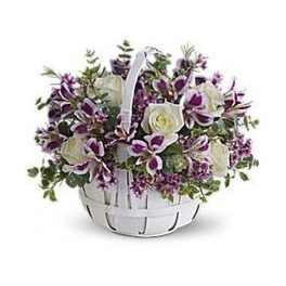 Purple and white flower basket with white roses and orchids