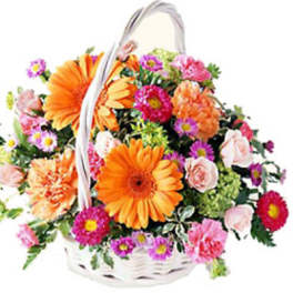 Basket of orange, pink, and purple flowers with a white handle