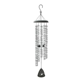 Black and silver wind chime with hanging tubes and a bell-shaped clapper.