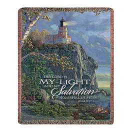 Printed throw blanket with a lighthouse scene and Bible verse text