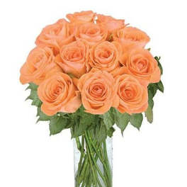 Peach rose bouquet arranged in a clear glass cylinder vase