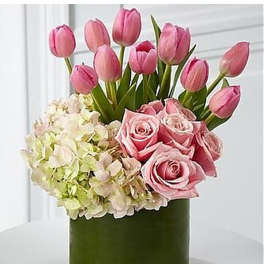 Pink tulips, roses, and pale hydrangeas arranged in a clear glass cylinder vase wrapped with green inside.