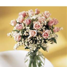 Glass vase of light pink roses with white filler flowers against a yellow background