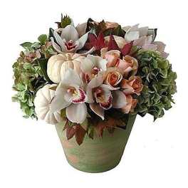 Autumn arrangement with white orchids, peach roses, hydrangea, and mini pumpkins in a green pot