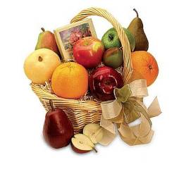 Woven basket filled with assorted fresh fruit, a small greeting card, and a large decorative bow.
