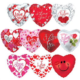 Assorted heart-shaped Valentine's balloons with love messages