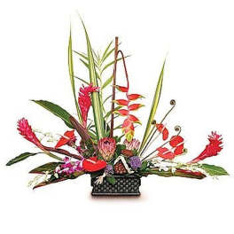Tall tropical arrangement with red and pink blooms, protea, and orchids in a black woven rectangular container