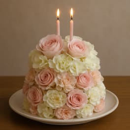 Pink roses and cream carnations arranged as a cake with two lit candles