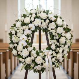 White floral wreath with roses and orchids on an easel