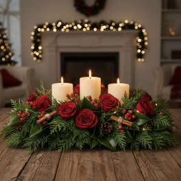 Red roses and candles arranged in a holiday centerpiece