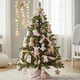 Small Christmas tree decorated with pastel plush ornaments and ribbons