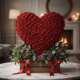 Heart-shaped arrangement of red roses in a wooden box with red ribbons