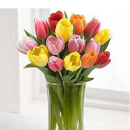 Mixed-color tulip bouquet arranged in a clear glass vase on a white surface.