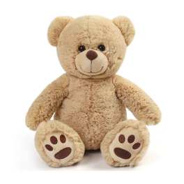 Plush teddy bear sitting upright on a white background