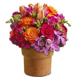 Bright compact arrangement of orange and pink roses, tulips, and purple orchids in a clay pot