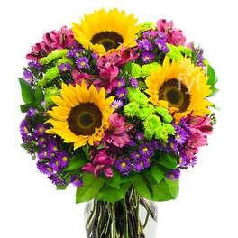 Bright bouquet of sunflowers, purple asters, pink alstroemeria and green mums in a clear glass vase