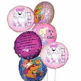 Bouquet of pink and colorful 'It's a Girl' themed mylar balloons on white sticks