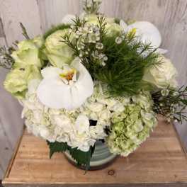 White orchid and pale green hydrangea bouquet in a vase