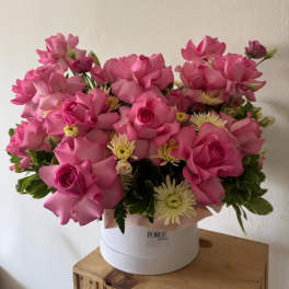 Petal poetry hat box arrangement- French roses with chrysanthemums